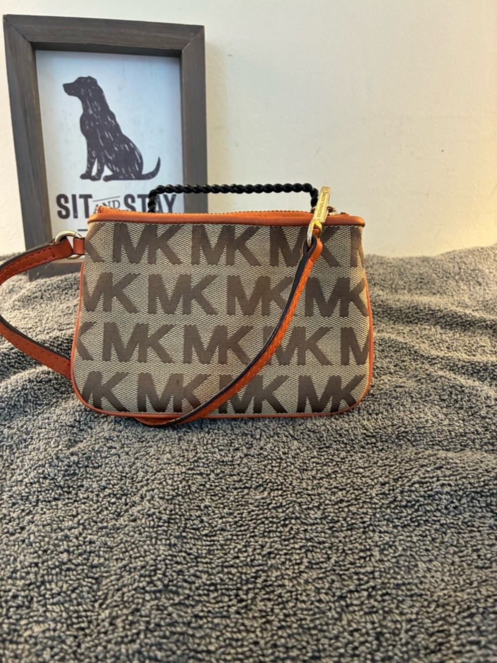 Michael Kors Brown MK Logo Mini Crossbody with Orange Trim